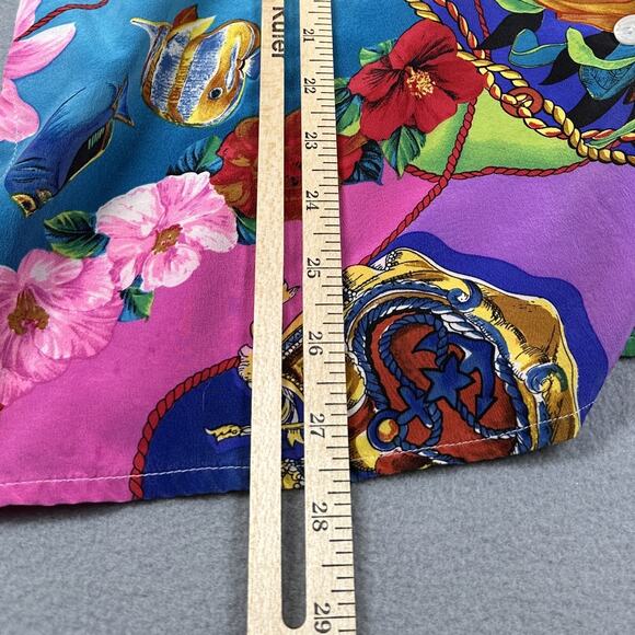 Vintage Bella Camicie Shirt Womens Small Silk Hawaiian Floral Fish Print 90s - Picture 6 of 13